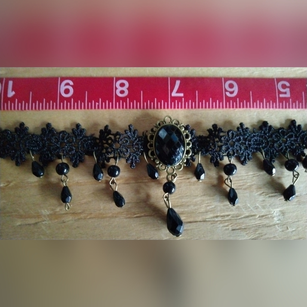Victorian Black Lace Choker Necklace with Faceted Black Pendant